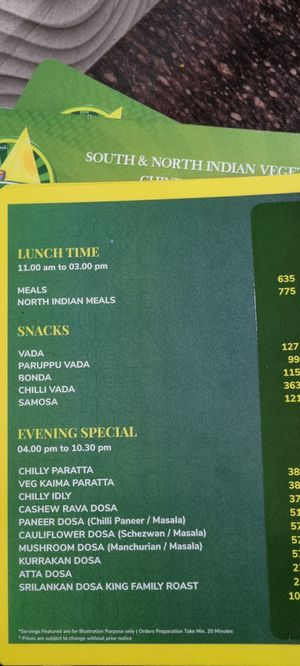 Menu at Sri Vani Vilas Hotel in Colombo