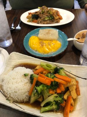 From top to bottom: Pad see ew with tofu, mango sticky rice, broccoli stir fry with tofu  at Asiana Thai & Sushi in Crestview Hills