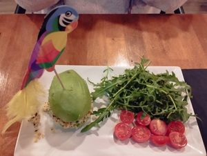 Advacado burger with rocket and cherry tomatoes at The Blue Parrot in Monte Gordo