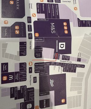 map of location within mall - on the lower floor in the westgate arcade.  at Ralphy's Fakeaway in Peterborough