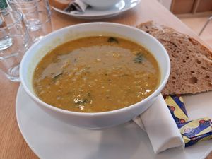 Cauliflower+ chickpea soup at The Wild Olive Tree in Glasgow