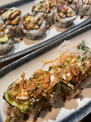 Crispy Mushroom Roll & Vegan Monday Roll  at Sushi And Salad in Ely