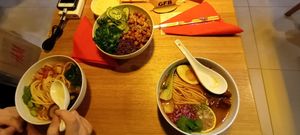 A ramen with seitan on the right and a ramen with mushrooms on the left. Protein bowl on the top. at Good Food Bowl in Moscow