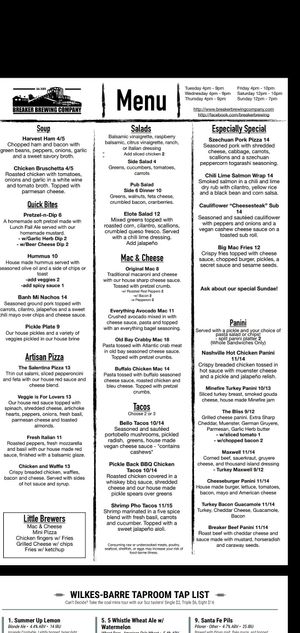 Food menu as of 9/2021 at Breaker Brewing Company in Wilkes-barre