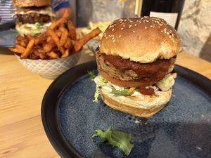 Red bean burger with sweet potato fries  at Bubalus Burger Bar in Trogir