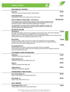 Vegan menu as of Dec/2023 - But when ordering none of these were available to eat, instead staff suggested the Sebzeli Imam Bayildi (it was the only other vegan option they had) at Ali Ocakbaşi - Karaköy in Istanbul