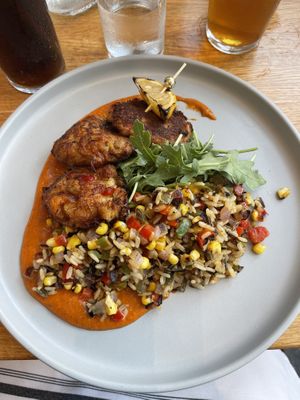 Vegan “crab” cakes  at Portico in Grand Rapids