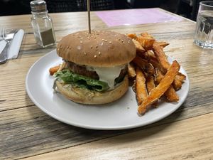 Vegan chick’n burger: delish!  at Vegie Tribe in Melbourne