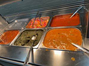 Corn n beans, palak paneer, vegetable korma, cacciatore, sliced duck dish at Vegie Tribe in Melbourne