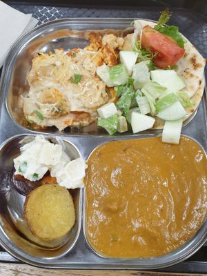 Lasagne, apple salad, roast veg, butter chicken at Vegie Tribe in Melbourne