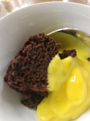 Choc cake with fruit custard at Vegie Tribe in Melbourne