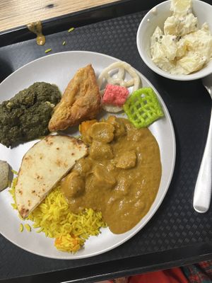 Potato salad, palak paneer, butter chick’n, naan, rice, savoury fried thingy  at Vegie Tribe in Melbourne
