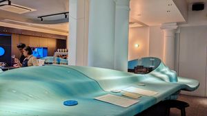 Indoor seating with 3D-printed oceanic island bar top using 1600 kg of recycled plastic at Analogue Initiative in Central Singapore