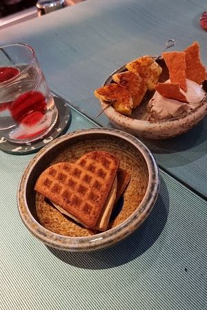 Piña clavo (grilled pineapple and clove ice cream), and Ice-cream sandwich (roasted almond flavour) at Analogue Initiative in Central Singapore