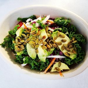 Organic Hearty Herbi-Bowl    
The Ultimate Veggie Power Bowl!
Brown Rice, Quinoa and Black Beans
Topped with Vegan Slaw, Kale, Pumpkin Seeds, Tomato and Avocado at The Hearty Herbivore in Komoka