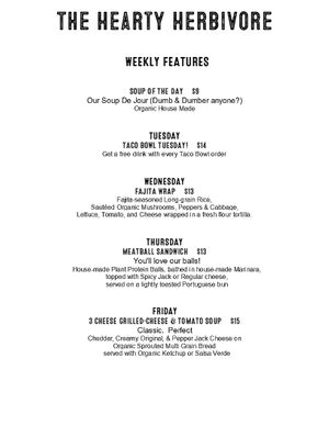 Features Menu at The Hearty Herbivore in Komoka