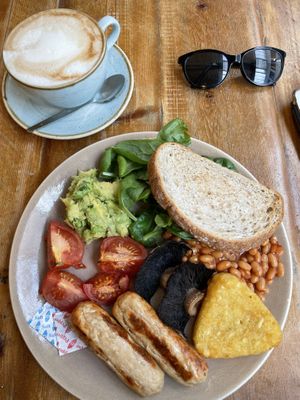 Cappuccino with soy milk and full vegan english breakfast at Esquires Coffee in Bournemouth