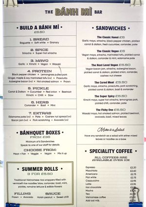 Menu at The Bánh Mì Bar in Edinburgh