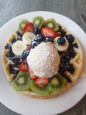 Mixed fruit waffels with chocolate sause. at Newquay Waffle Stop in Newquay