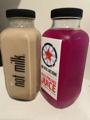 Cacao milk and pitaya limeade at Revolucion Coffee + Juice RIM in San Antonio