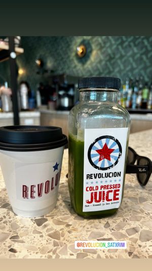 Great juice and amazing mushroom coffee (Oatmilk)  at Revolucion Coffee + Juice RIM in San Antonio