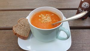 Red pepper soup with Cashews and bread at Cup der guten Hoffnung in Halle