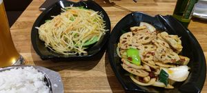 Lotus on right. Potato strip's on left. at Pak Choi in Frankfurt