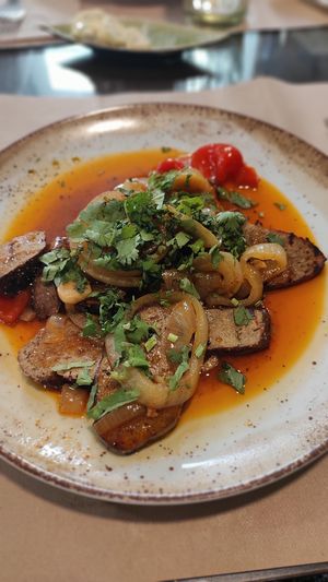 house style seitan (comes with chips) at Sabores ao Rubro in Tomar