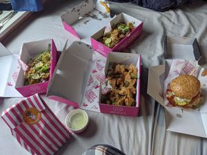 Box of fried chicken, Chicken teller tray, chicken Parm kebab, pic n mix & burger at Döner Summer in Sheffield