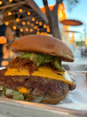 Vegan burger outside on the patio (no fries in sight because they're not vegan anymore) at Burger Lounge - Little Italy in San Diego