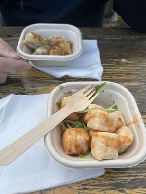 Dumplings and fried tofu with cucumberr  at The Shed Collective in Auckland