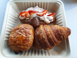 Strawberry cream croissant NZ$9.00, Pain au chocolat NZ$6.50, Plain croissant NZ$5.50 at Maison des Lys Pâtisserie in Auckland