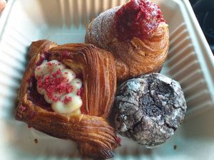 Raspberry danish NZ$7.50, Fruit brioche NZ$7.50, Chocolate cookie at Maison des Lys Pâtisserie in Auckland