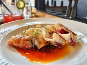 Vegan beet dumplings with chili crisp   at Jollity in Dayton