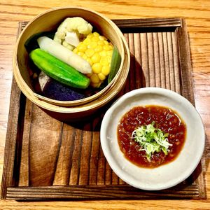 Tofu Ganmodoki Nabe
with apple hatcho miso soy milk broth, fried onion and edamame at En Japanese Brasserie in New York City