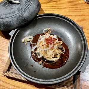 Tofu Ganmodoki Nabe
with apple hatcho miso soy milk broth, fried onion and edamame at En Japanese Brasserie in New York City
