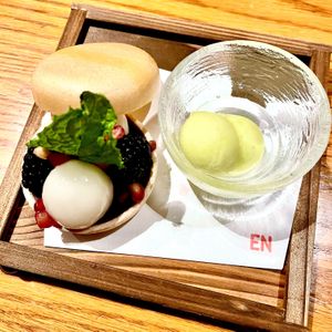 Ichigo Daifuku Monaka
soy flour cake stuffed with red bean, mochi balls, strawberry and fresh blueberry served with apple sorbet at En Japanese Brasserie in New York City