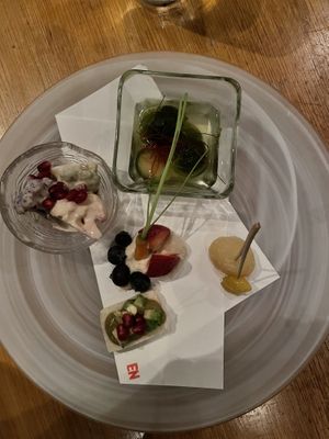 Appetizers: brussel sprouts, avocado toast, cauliflower, berries.. very nice mixture of so many different tastes. at En Japanese Brasserie in New York City