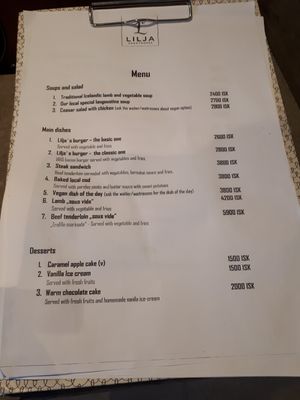 Menu at Lilja Guesthouse in Hofn