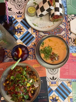 gaspacho, burrito and patatas at La Papaya in Poznan