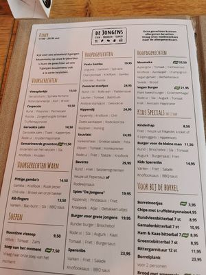 Dinner menu at De Jongens in Rockanje