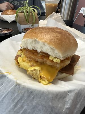 Meat and potatoes with vegan egg and bacon instead of sausage  at Rooted and Rind in Delmar