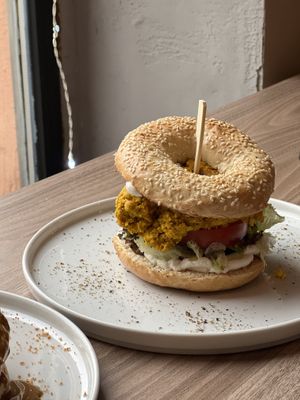 Breakfast bagel with tofu eggs  at Shothouse in Ostrava