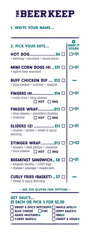 Menu as of 10.26.23 at The Beer Keep in Buffalo