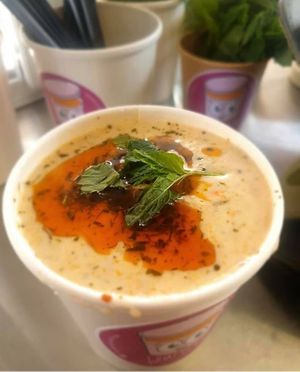 Turkish youghurt soup Yayla with melted chili and mynth butter at What'soup in Stockholm