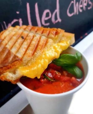 A classic! Rosted tomato soup and grilled cheese w jalapeno at What'soup in Stockholm
