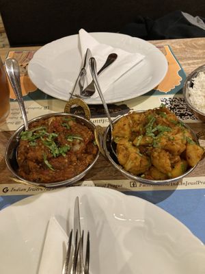 Eggplant curry and potato and cauliflower tikka at Indian Jewel in Prague