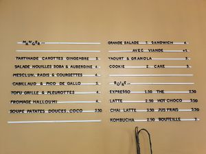 The menu changes weekly but here you can see five out of seven options are vegan.  at La Cartonnerie in Cleon Dandran