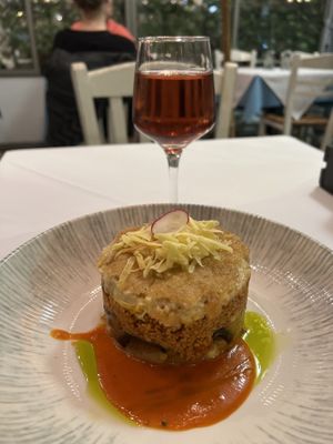 Vegan Moussaka & house Rosé wine  at Greek Stories in Athens