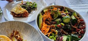 vegan moussaka and healthy bowl at Greek Stories in Athens